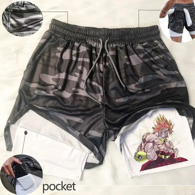 Anime Running Shorts Men Fitness Gym Training 2 in 1 Sports Shorts